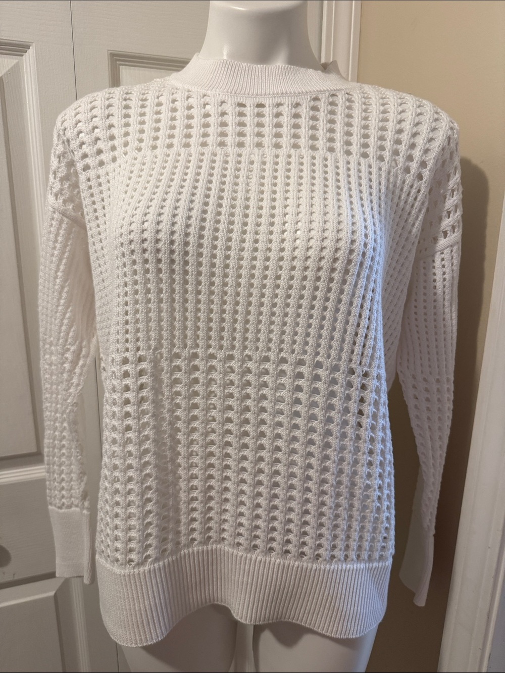 Organic Cotton White Open-Knit Crewneck Sweater